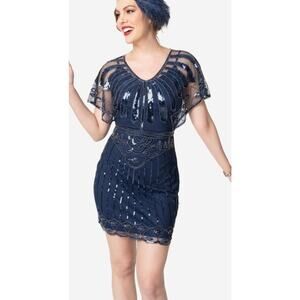 Unique Vintage 1920’s Navy Beaded Mini Flapper Dress XL 14 NWT